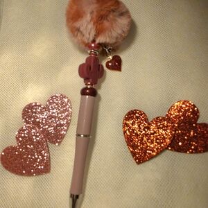Pink and Red Heart Pom Pom Pen